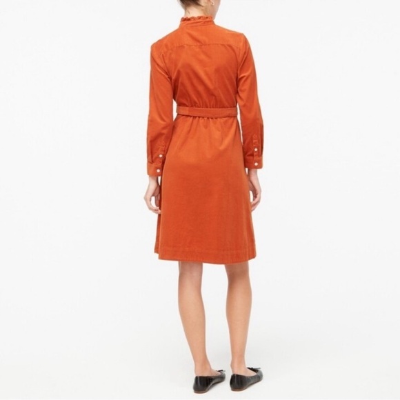J. Crew burnt orange corduroy button down waist tie ruffle neck dress, size 18 - Picture 3 of 11